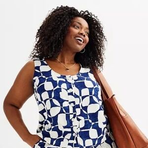 Sonoma Blue & White Geometric Button-Front Dress Women's Size 1X